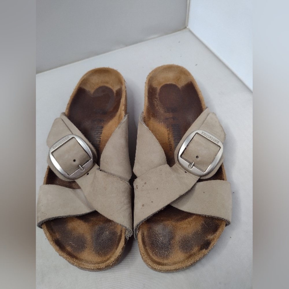 Birkenstock Beige Suede Crisscross Buckle Sandals